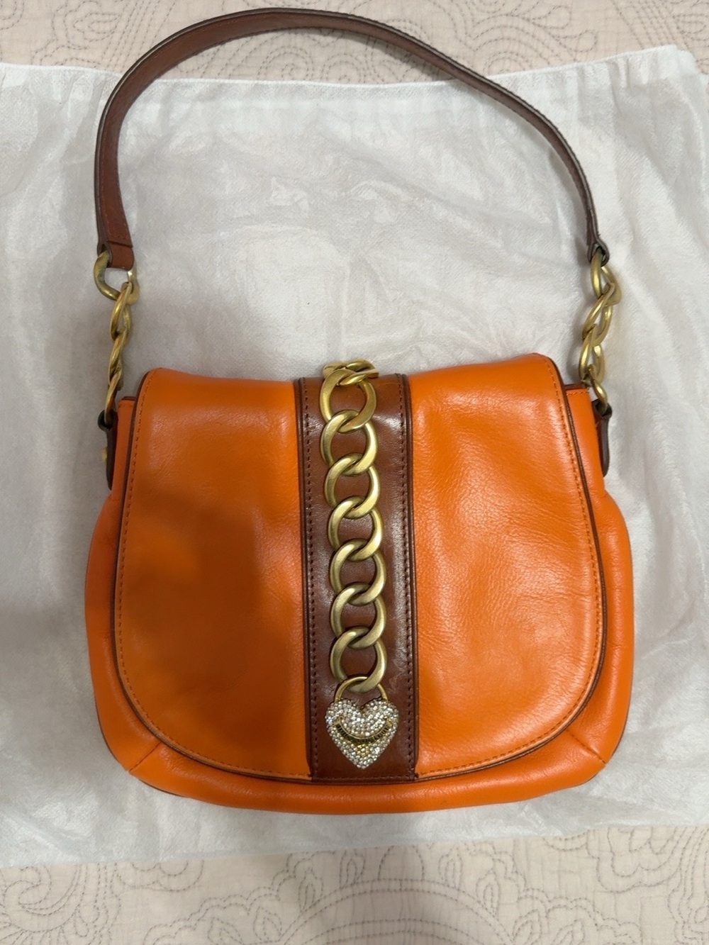 Juicy Couture Orange Leather Shoulder Bag Chain Heart Y2K Vintage Style